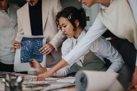 Group of people collaborating on architectural project in modern office