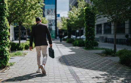 A person walking with a briefcase along a city pathway lined with green treesの写真素材