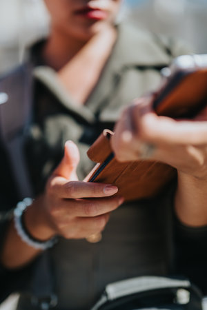 Close-up of Hands Using a Smartphone Outdoors on a Bright Sunny Day