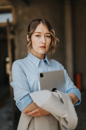Professional woman holding a tablet and jacket in a contemplative poseの写真素材
