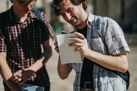 Two students engage in outdoor discussions while reviewing notes on a sunny day