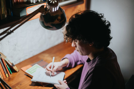 Young individual writing notes under a desk lamp in a cozy workspaceの写真素材