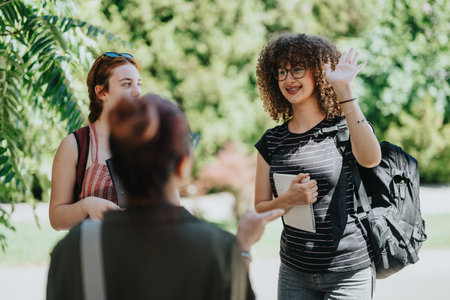 Group of students conversing with a professor outdoors in a courtyardの写真素材