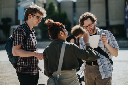 Group of students engaging in conversation outdoors in a sunny school yardの写真素材