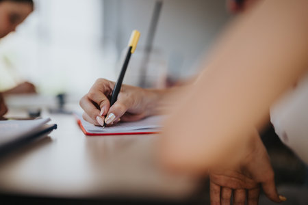 Close-up of a person writing notes at a desk in a classroomの写真素材