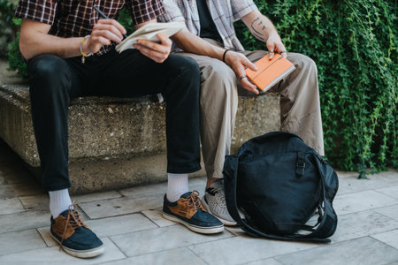 Two students sitting outdoors reading books with a backpack on the groundの写真素材