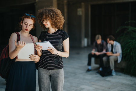 Two students reviewing notes together while outdoors near a public buildingの写真素材