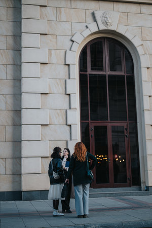 Three people having a discussion in front of a tall historic building