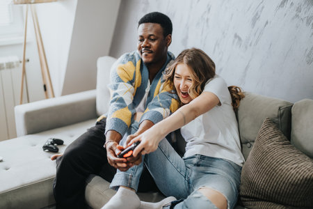Diverse couple enjoying video games and bonding time at home
