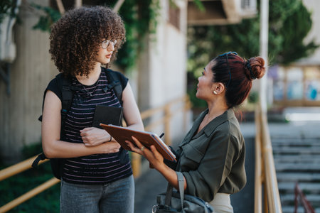 Professor Engages in Discussion with Student at School Courtyardの写真素材