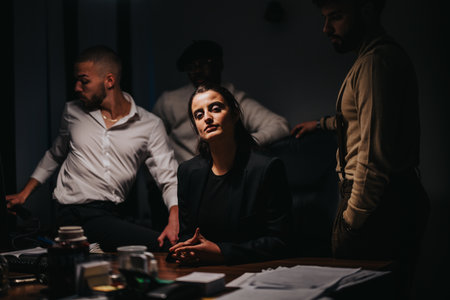 Group of professionals collaborating in a dimly lit office settingの写真素材