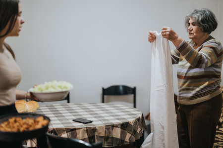 Senior woman preparing a tablecloth while a young woman offers a bowl of salad in a dining roomの写真素材
