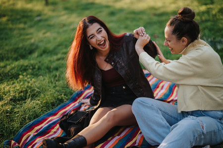 Two friends laughing and enjoying time together outdoors on a colorful blanketの写真素材