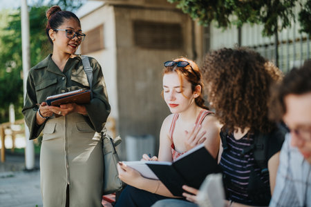 Students gathered outdoors for a study session in a sunny courtyardの写真素材