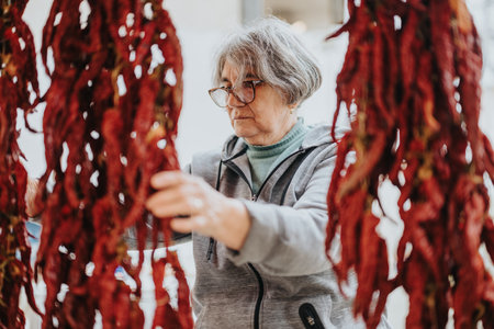 Closeup of hands arranging dried red chili peppers on hanging strings, reflecting traditional food...