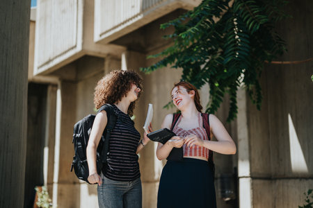 Two students laughing and conversing outdoors with books and backpacksの写真素材