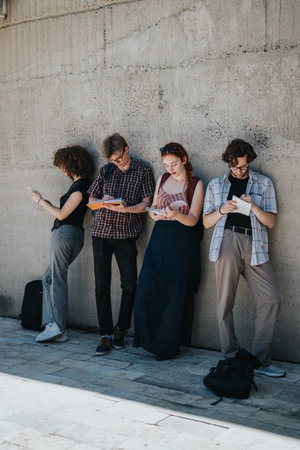 Group of young students studying together outdoors against a concrete wallの写真素材