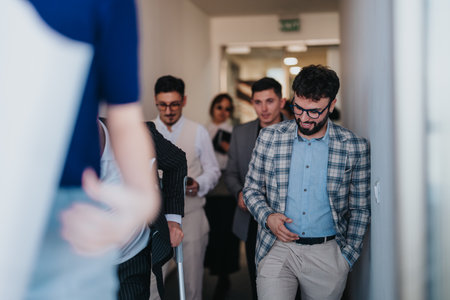 Multicultural business team discussing ideas in modern office hallwayの写真素材