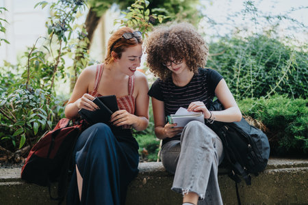 Two students sitting outdoors, smiling and sharing notes in a casual settingの写真素材