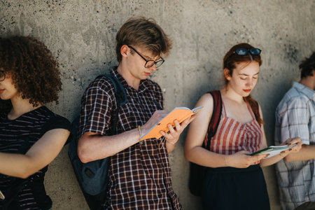 Students outdoors reading books and studying on a sunny dayの写真素材