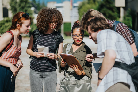 Group of students discussing and studying together outdoors under the sunlightの写真素材