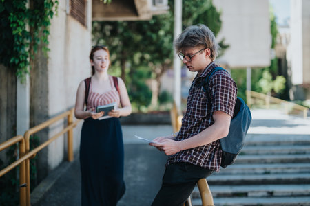 Students interacting in an outdoor courtyard at a university campusの写真素材
