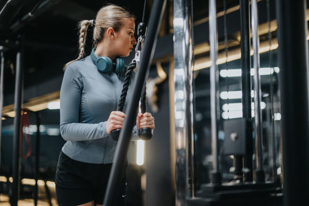 Young woman using a strength training machine at a gym environmentの写真素材