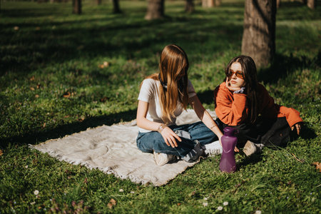 Two friends enjoying a sunny day on a picnic blanket in a wooded park settingの写真素材
