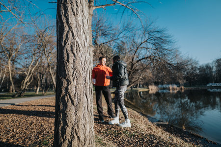 Two friends engaging in a conversation near a serene lake on a winter dayの写真素材