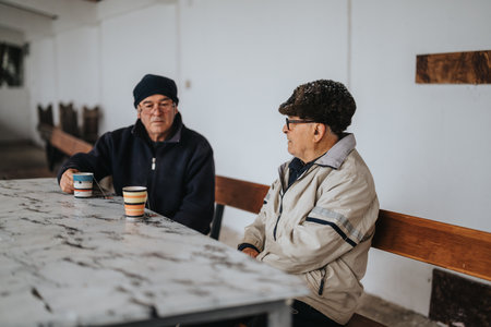 Two senior men sitting at a table engaging in conversation while enjoying a warm drink.の写真素材
