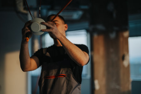 Technician Installing Ceiling Equipment in a Modern Industrial Space