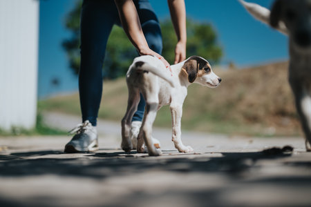 Person playing with a playful puppy on a sunny day outdoors