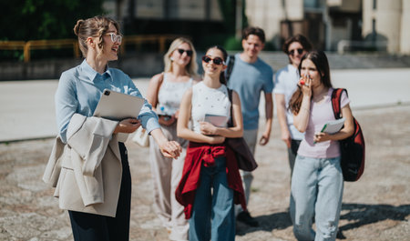 Group of students enjoying an outdoor walk with their professorの写真素材