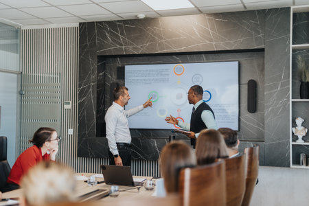 Multicultural business team actively brainstorming in modern conference room