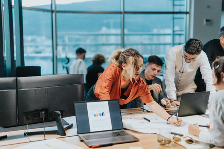 Diverse business team collaborating on a creative project togetherの写真素材