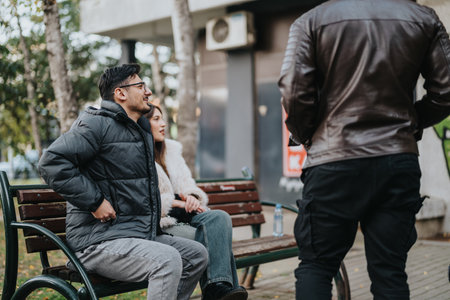 Group of friends talking outdoors on a park bench in autumn