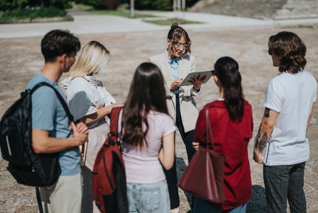Teacher explaining information to students outside during a group learning sessionの写真素材