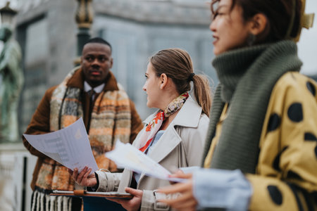 Modern people discussing documents outdoors in winter attireの写真素材