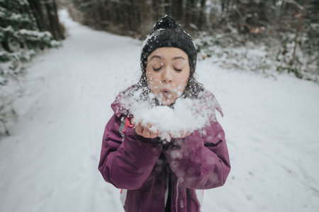 Young Woman Enjoying Winter Snow in a Forested Pathの写真素材