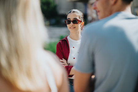 A casual outdoor meeting between a group of young friends under daylightの写真素材