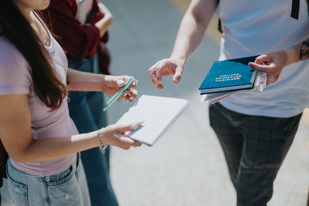 Students collaborating with a professor while reviewing notebooks and taking notes outsideの写真素材