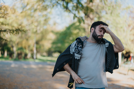 Man feeling tired outdoors in a peaceful park setting during autumnの写真素材