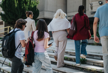 Group of students walking together on campus steps