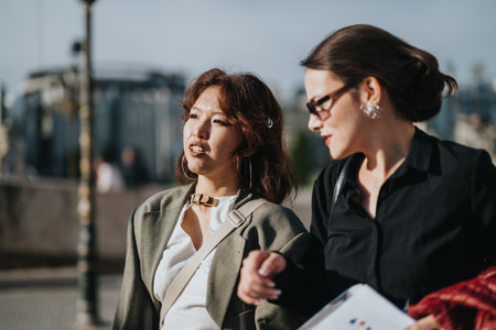 Professional women engaged in a lively outdoor business discussion
