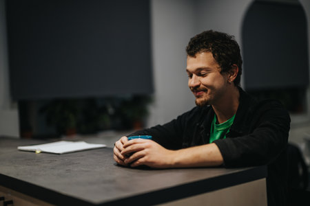 Smiling young man enjoying a casual conversation with a warm drink