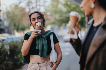 Two friends enjoying ice cream cones together outdoors on a sunny day