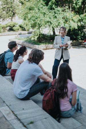 Outdoor lecture with students attentively listening to a professor conducting a class