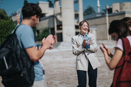 Group of students clapping outdoors with their professor during a sunny dayの写真素材