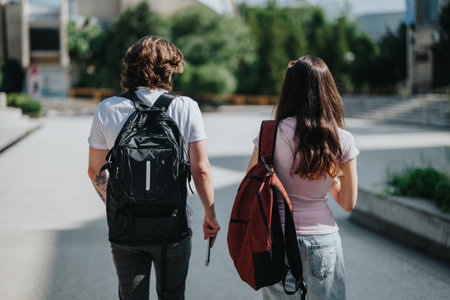 Two students walking on campus, holding backpacks, with sunny backgroundの写真素材