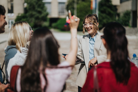 Group of students happily engaging with their professor outdoors near campusの写真素材